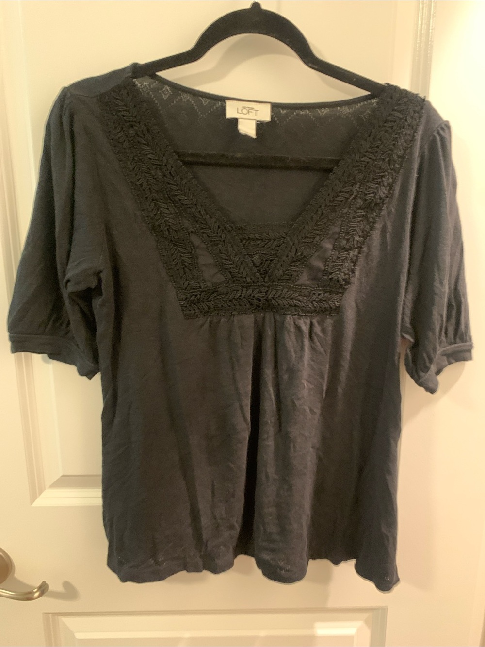 LOFT Black Short-Sleeve V-Neck Tunic with Braided Trim